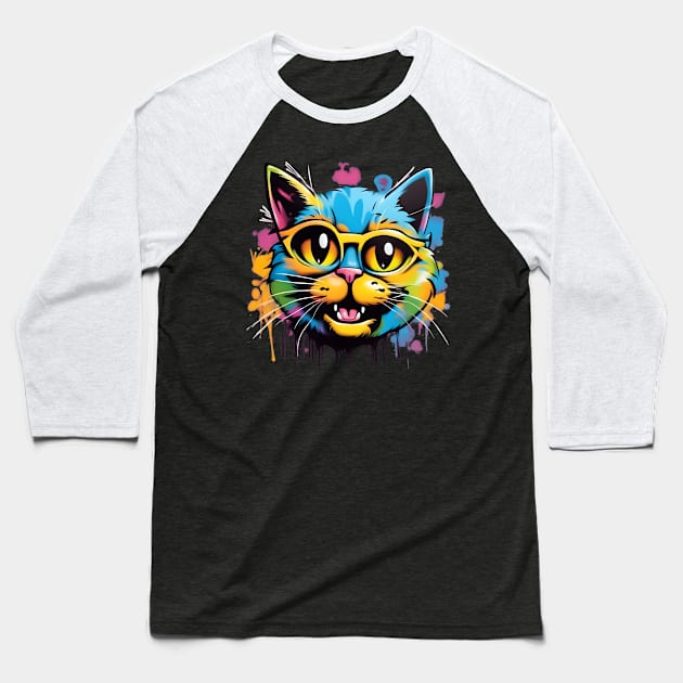 Colorful Graffiti Cat Baseball T-Shirt by Ravenglow